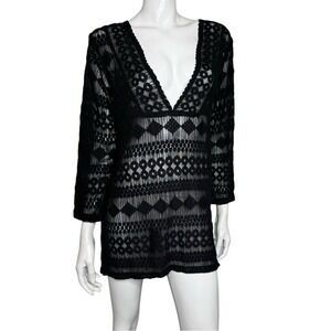 J Valdi Sheer Black V-Neck Long Sleeve Lace Swimsuit Coverup